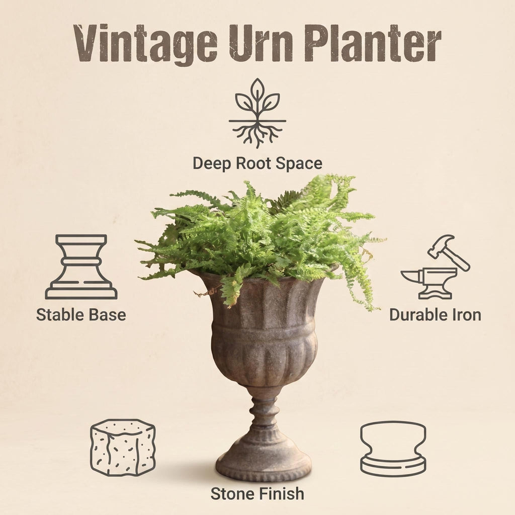Vintage Urn Planter with Embossed Pattern, Imitation Stone Finish Flower Pot, Distressed Classic Plant Pot for