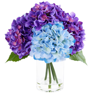 Purple Blue Artificial Hydrangea Flowers with Glass Vase