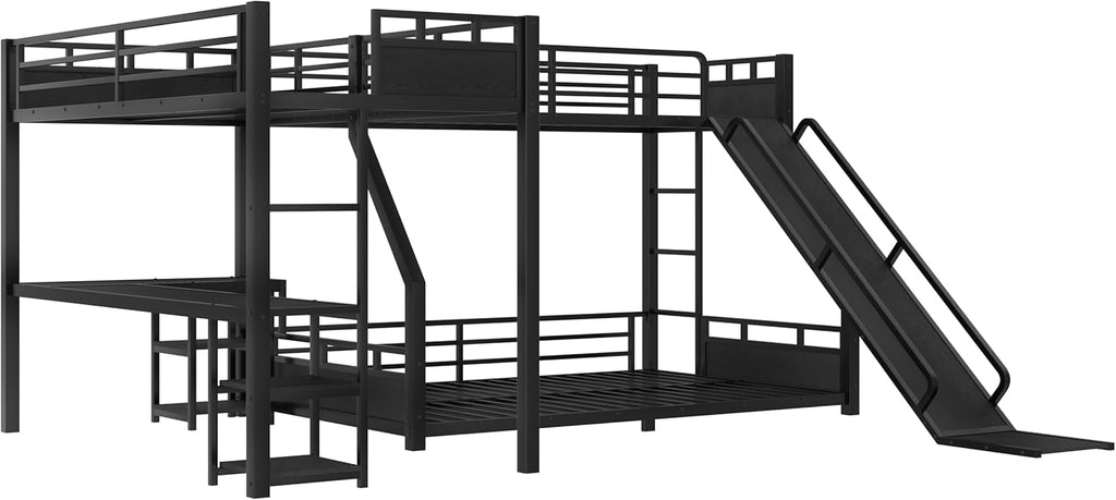 Twin XL Over Queen L Shaped Bunk Bed with Twin Loft Bed, Heavy Duty Metal Triple Bunk Bed with Slide
