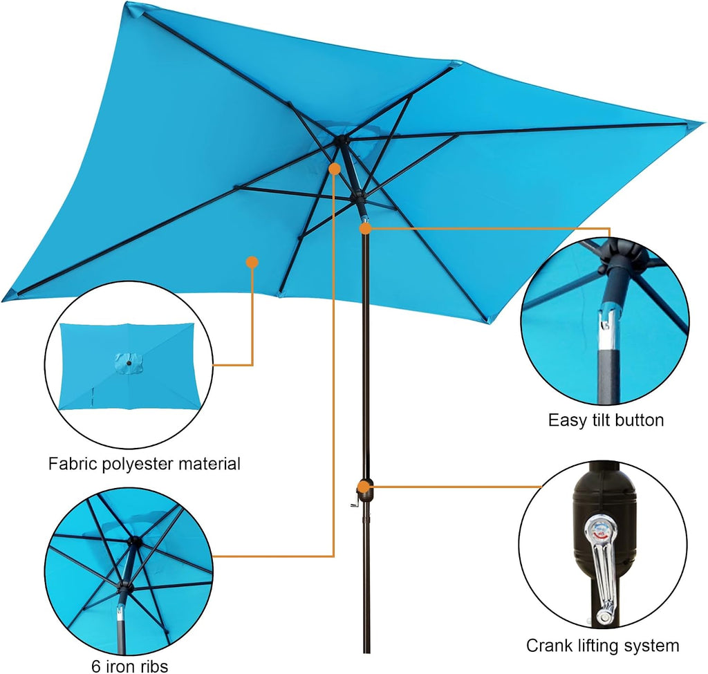 Rectangular Patio Umbrella, Table Market Umbrella with Tilt and Crank, Outdoor Umbrella Pool and Beach - Light Blue
