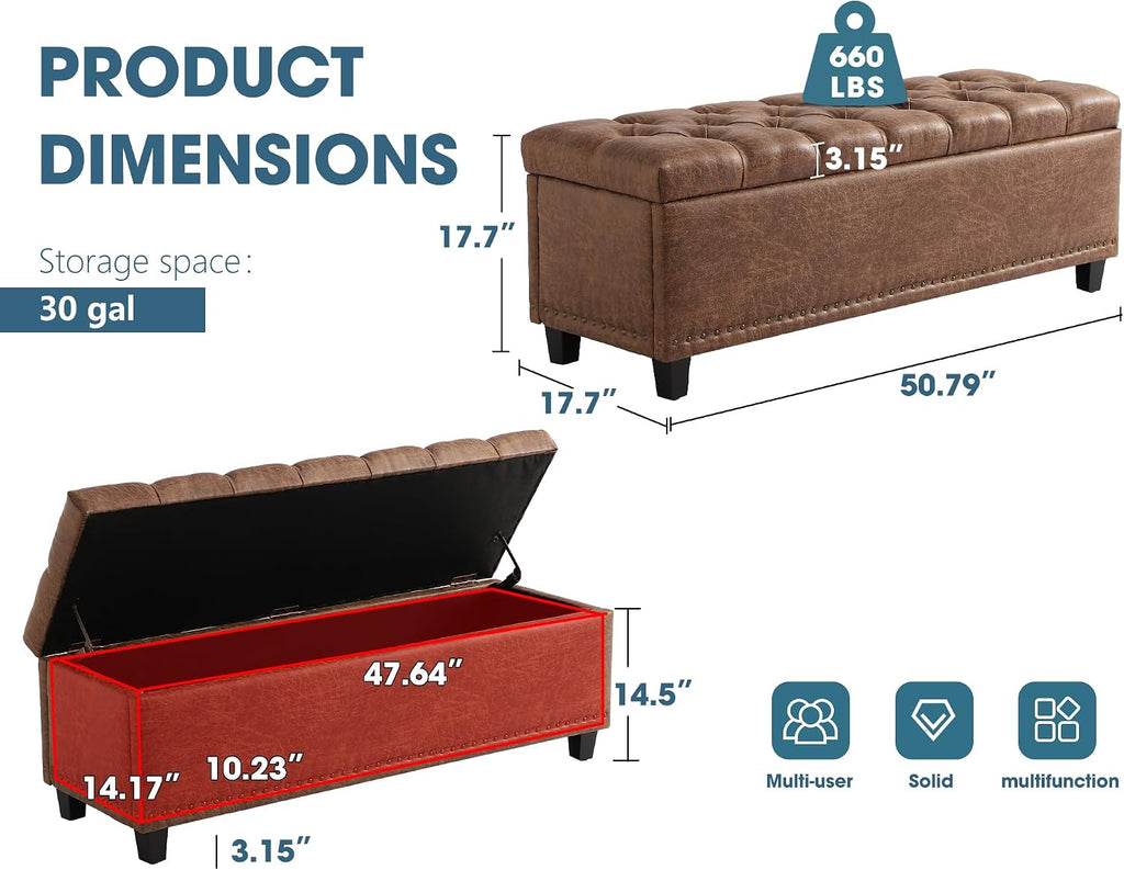 51" Ottoman Storage Benches, 30 Gallons End of Bed Storage Bench, Large Rectangular Ottoman, Button-Tufted Ottomans