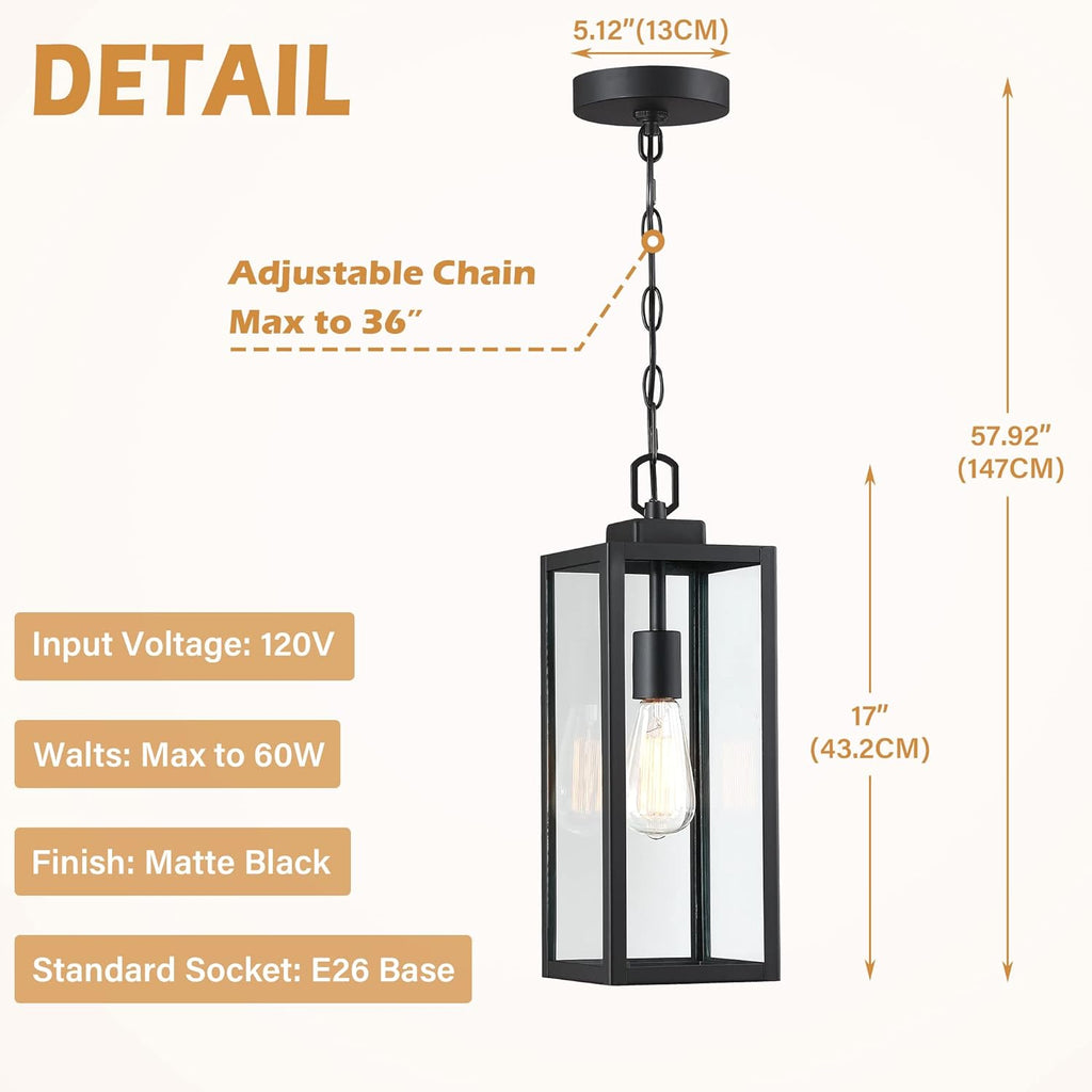 Outdoor Pendant Light, Modern Matte Black Adjustable Exterior Hanging Porch Lighting