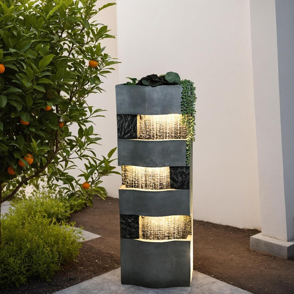 40.5" H Modern Outdoor Water Fountain with LED Lights - Tall Garden Waterfall Fountain