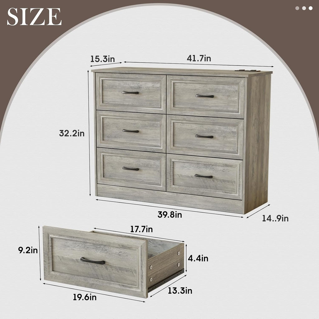 Dresser , 6 Drawer Wide Dresser Organizer with Charging Station, Tall Dresser , Wood Dresser with Metal Handles, Ash