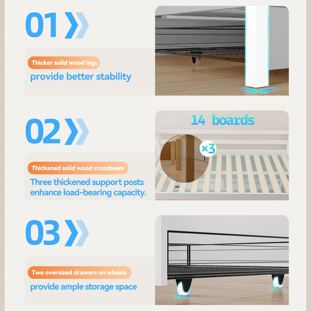 Solid Wood Bunk Bed with Charging Station and LED Lights Detachable Bunk Bed Twin Over Twin with 2 Storage Drawers