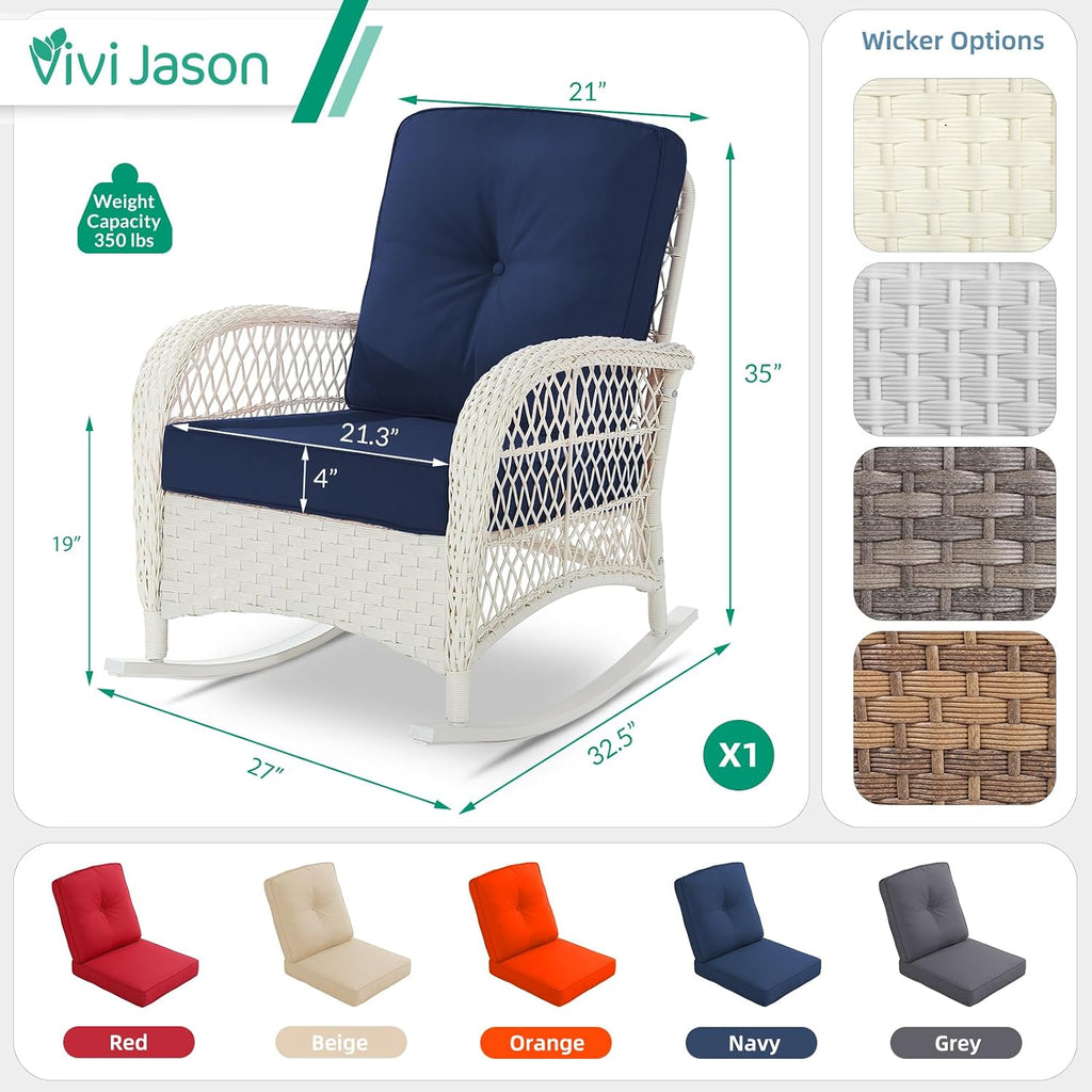 Outdoor Wicker Rocking Chair, Patio Rattan Rocker Chair with Cushions & Steel Frame, All-Weather Rocking Lawn