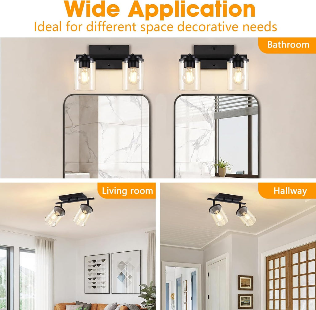 2-Lights Semi Flush Mount Ceiling Light, Modern Black Kitchen Light Fixtures Ceiling with Clear Glass Shade