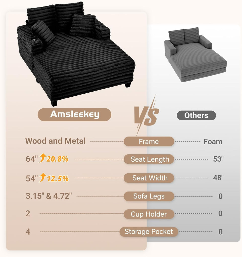 64" Oversized Chaise Lounge Chair with Wood Frame, 2 Cup Holders | 4 Storage Pockets, Plush Corduroy Fabric