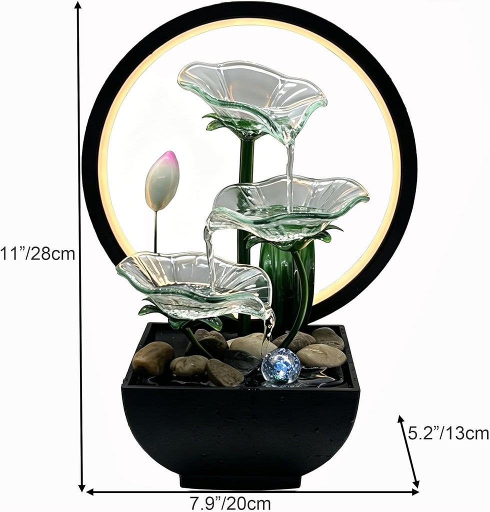 Tabletop Water Fountain,3-Tier Transparent Acrylic Lotus Leaf Zen Fountain,Indoor Water Feature with Lotus,LED Ring