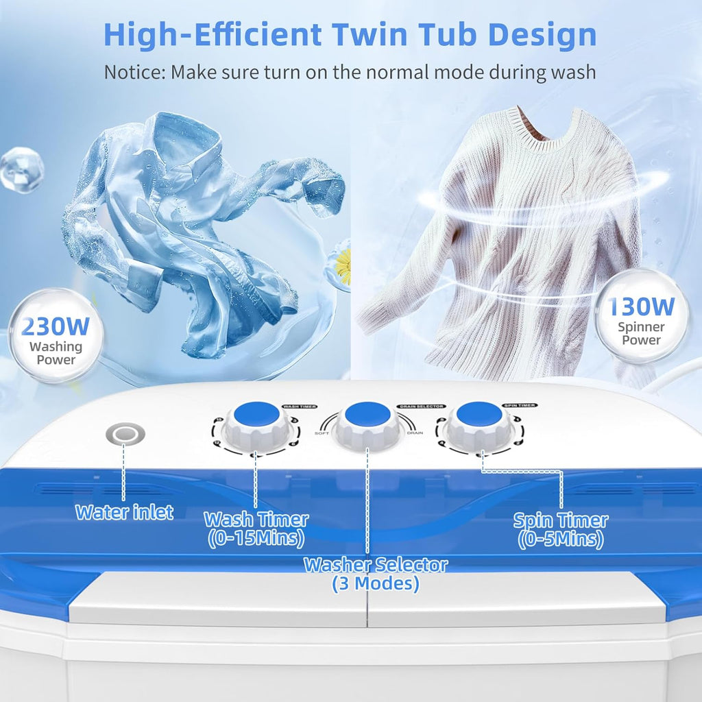 Portable Washing Machine, Twin Tub Washing Machine Laundry Compact Washer spinner Combo with 14lbs capacity, 9Lbs