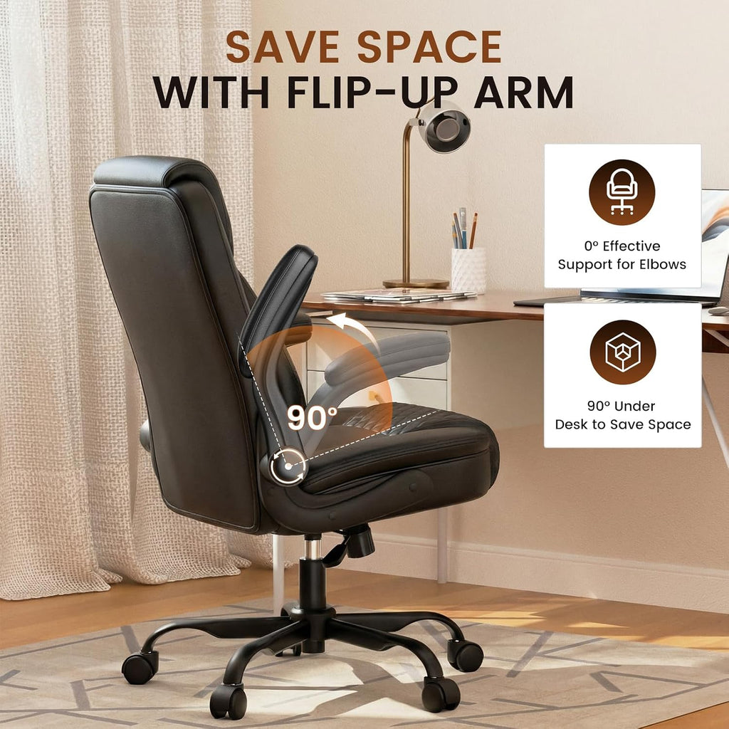 Leather, Home Desk Chair with Flip-up Arms and Ergonomic Back - Comfy Heavy Duty Executive Chair for Home Office