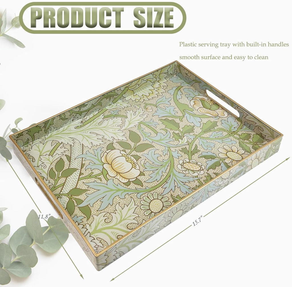 Serving Tray with Handles, Plastic Decorative Tray for Coffee Table, Living Room, Home Decor, Dianthus