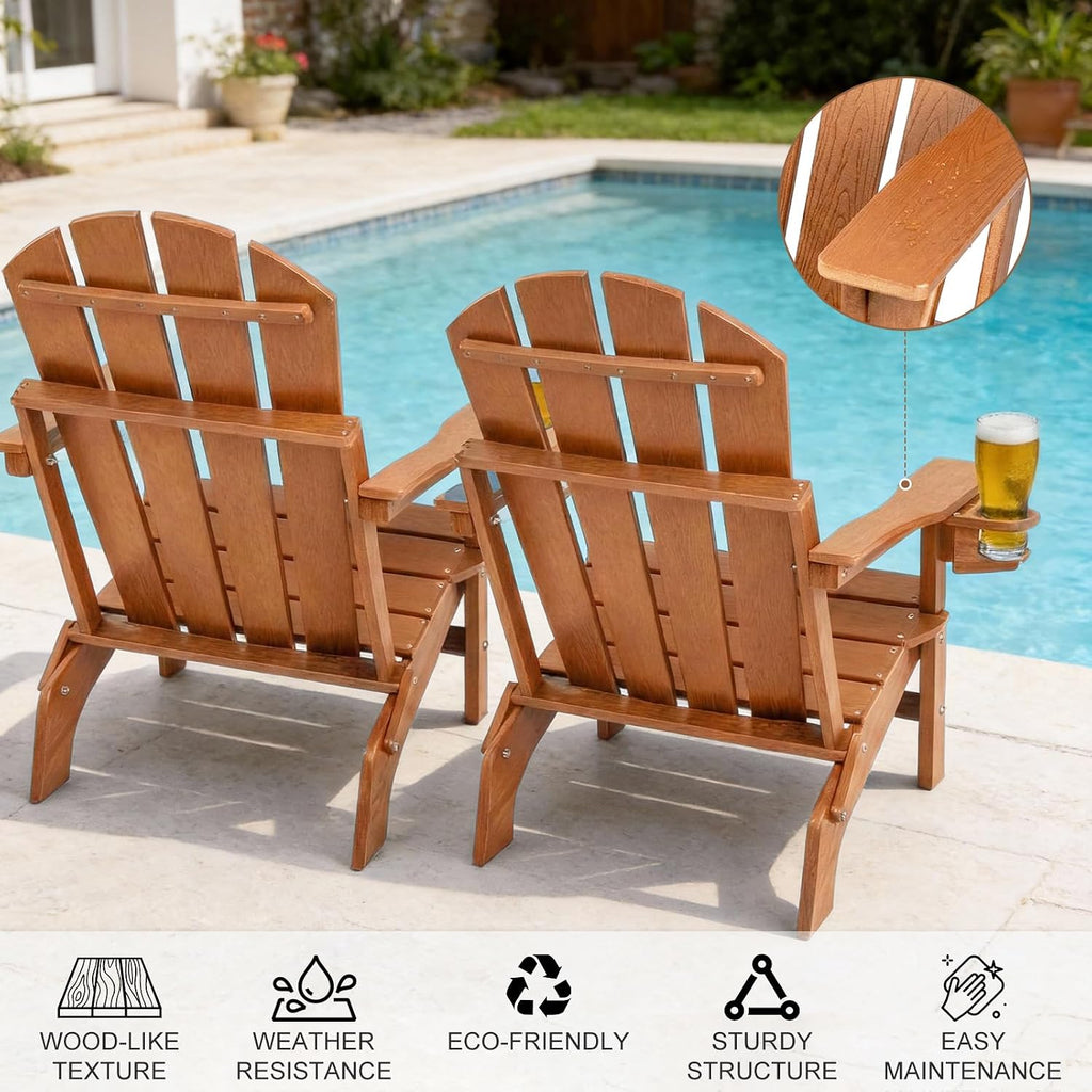 Folding HDPE Adirondack Chair 4-Pack, Gun-Leg Frame with Cupholder | All Weather Waterproof Heat Resistant, Wood