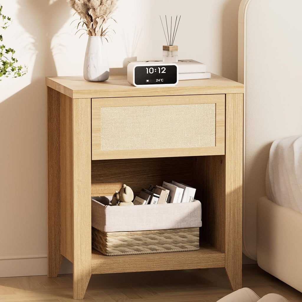 Boho Nightstands Set of 2, Farmhouse Night Stand Bedside Table with Drawer and Storage Shelf Rattan End Tables Side