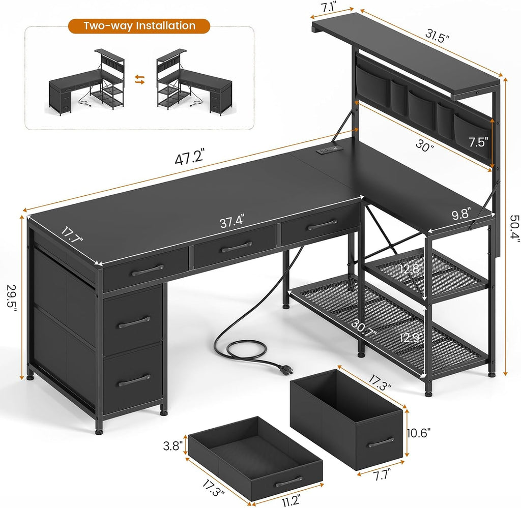 L Shaped Gaming Desk, 47.2" Reversible Small Computer Desk with 5 Drawers and Storage Shelves, Corner Gaming Desk
