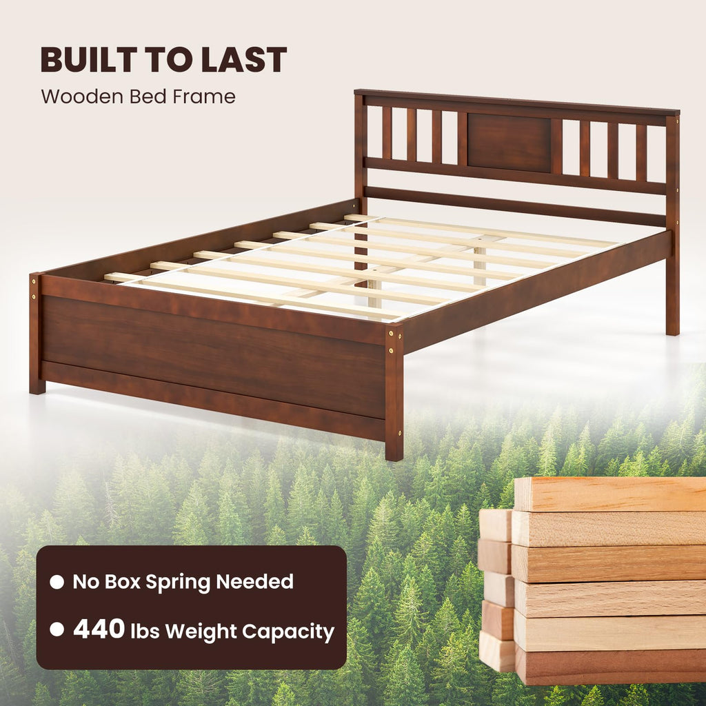 Full Size Solid Wood Platform Bed Frame, Mid Century Full Bed Frame with Headboard, Wood Slat Support, Double Panel
