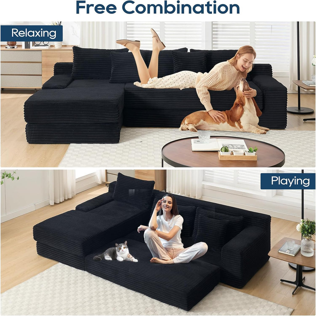 104.33" Modern L Shaped Sectional Couch with Soft Corduroy Fabric and Steel Frame, No Assembly Modular Convertible