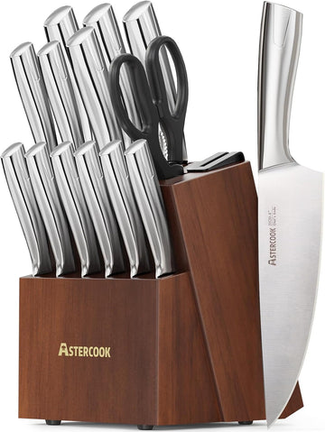 Knife Set, Kitchen Knives Set with Block and Sharpener Full Tang 15 Pcs Stainless Steel Knives, Dishwasher Safe Knife