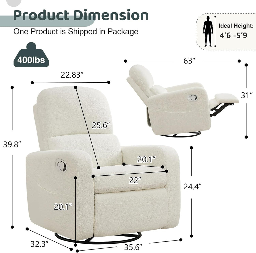 Swivel Rocker Recliner, Oversized Boucle Glider Recliner Nursery, Teddy Manual Swivel Rocking Reclining Chairs with