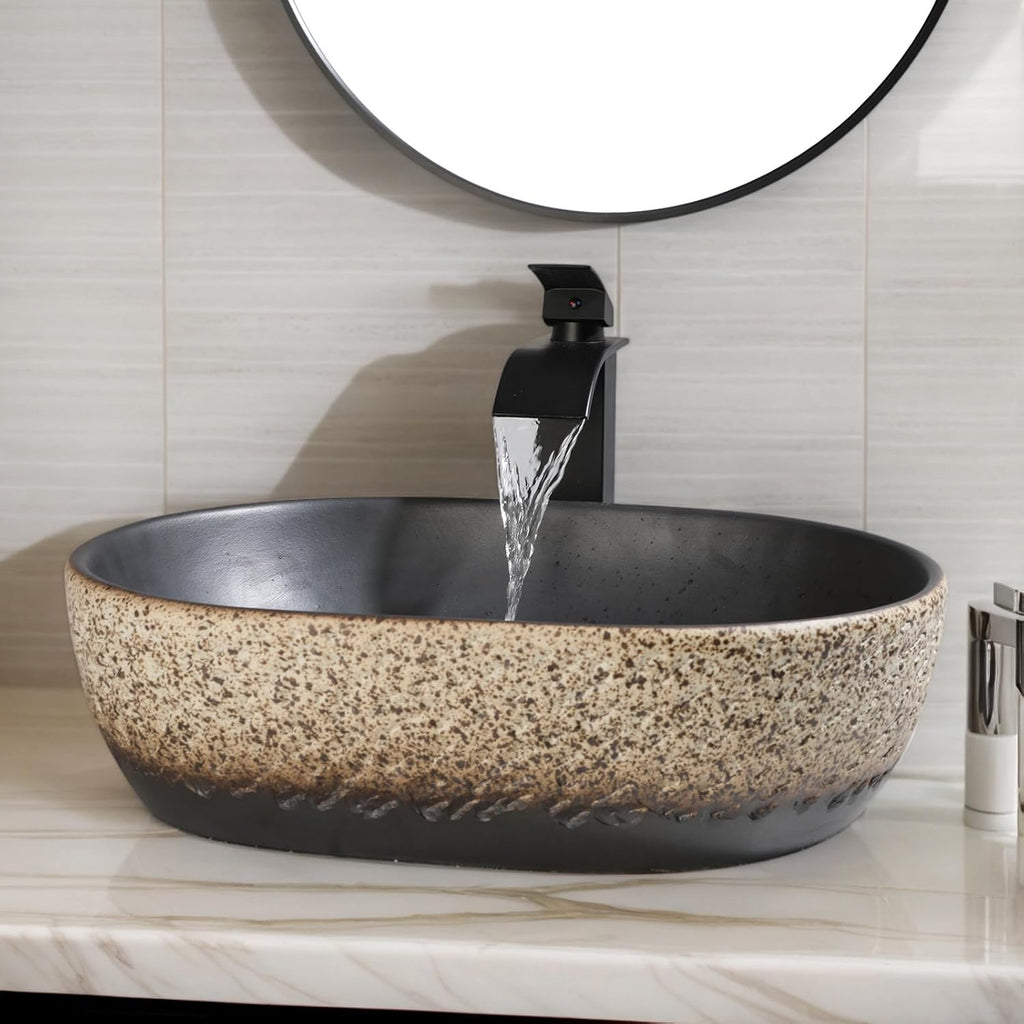 19 Inch Stone Bathroom Sink Basin with Waterfall Faucet and Pop-up Drain Combo,Tan Travertine Vessel Sink Above