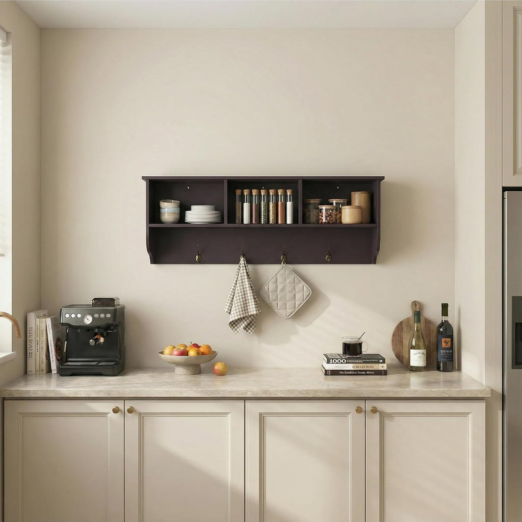 38" Coat Rack Wall Mount with Shelf, Wall Mounted Coat Rack with 3 Storage Cubbies and 4 Dual Hooks,Wooden Mudroom