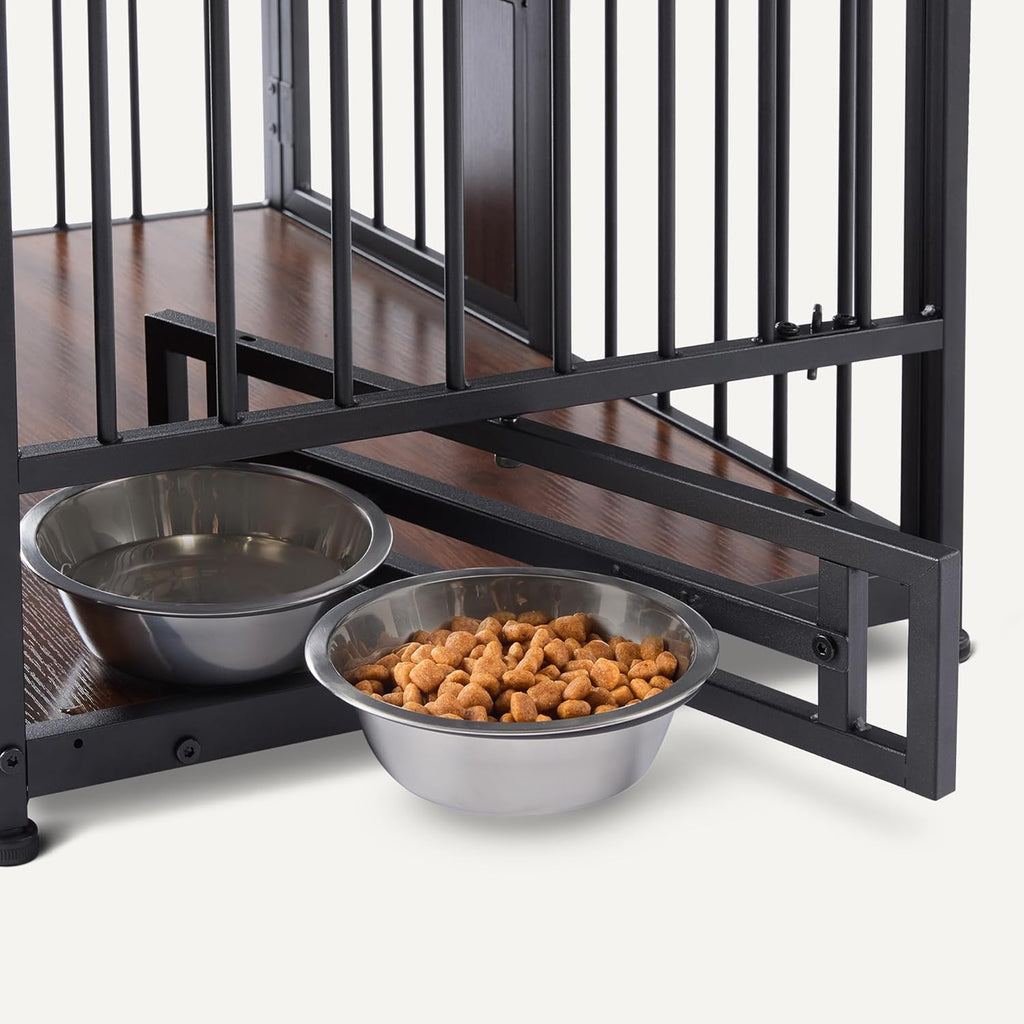 Furniture Style Dog Crate, Sturdy Wooden Pet Kennel, End Table with Space for Pet, Two Bowls Included