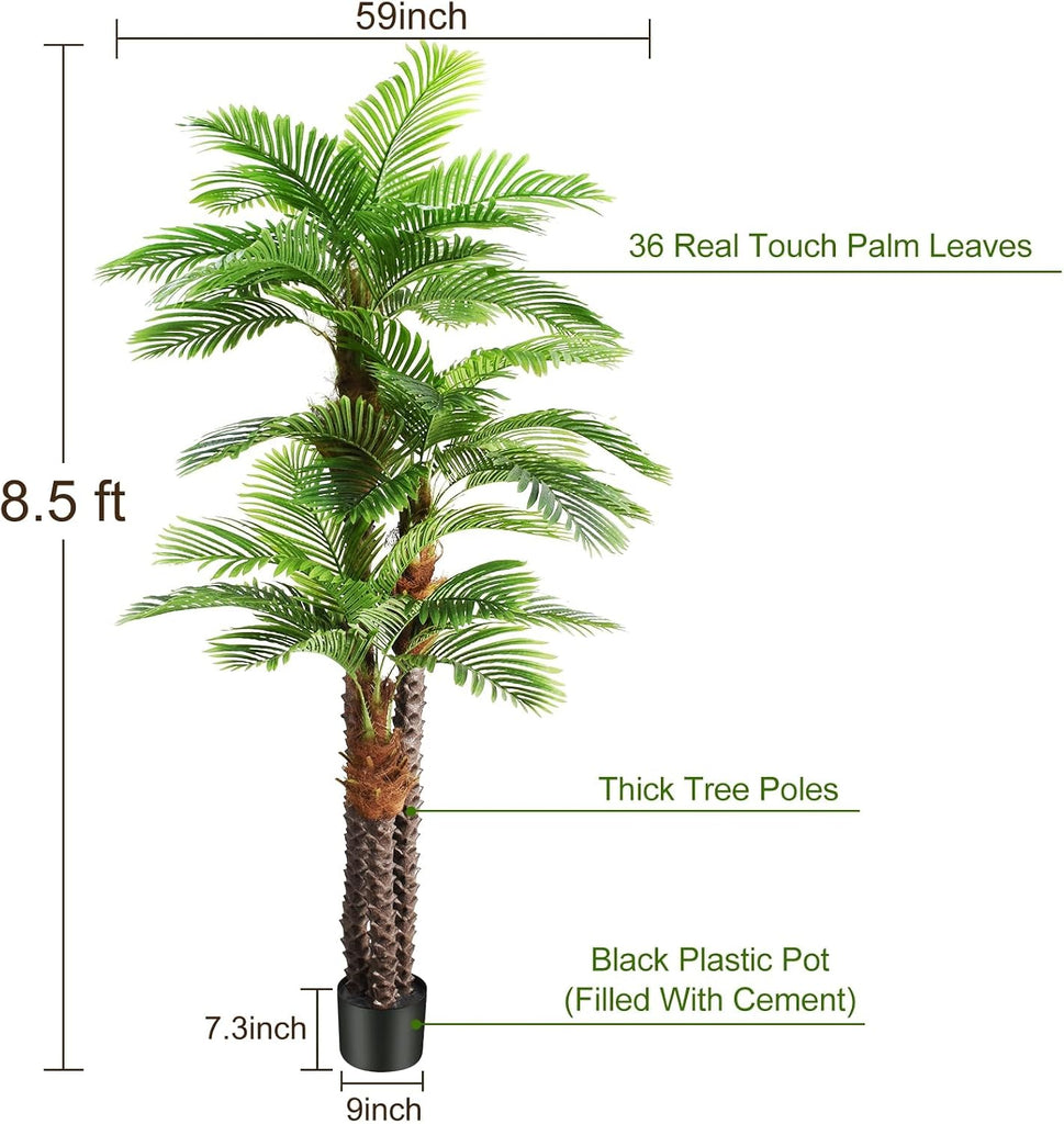 8.5ft Tall Artificial Palm Tree for Outdoors - Triple Phoenix Palm, UV Resistant, Large Fake Silk Palm Tree - Perfect