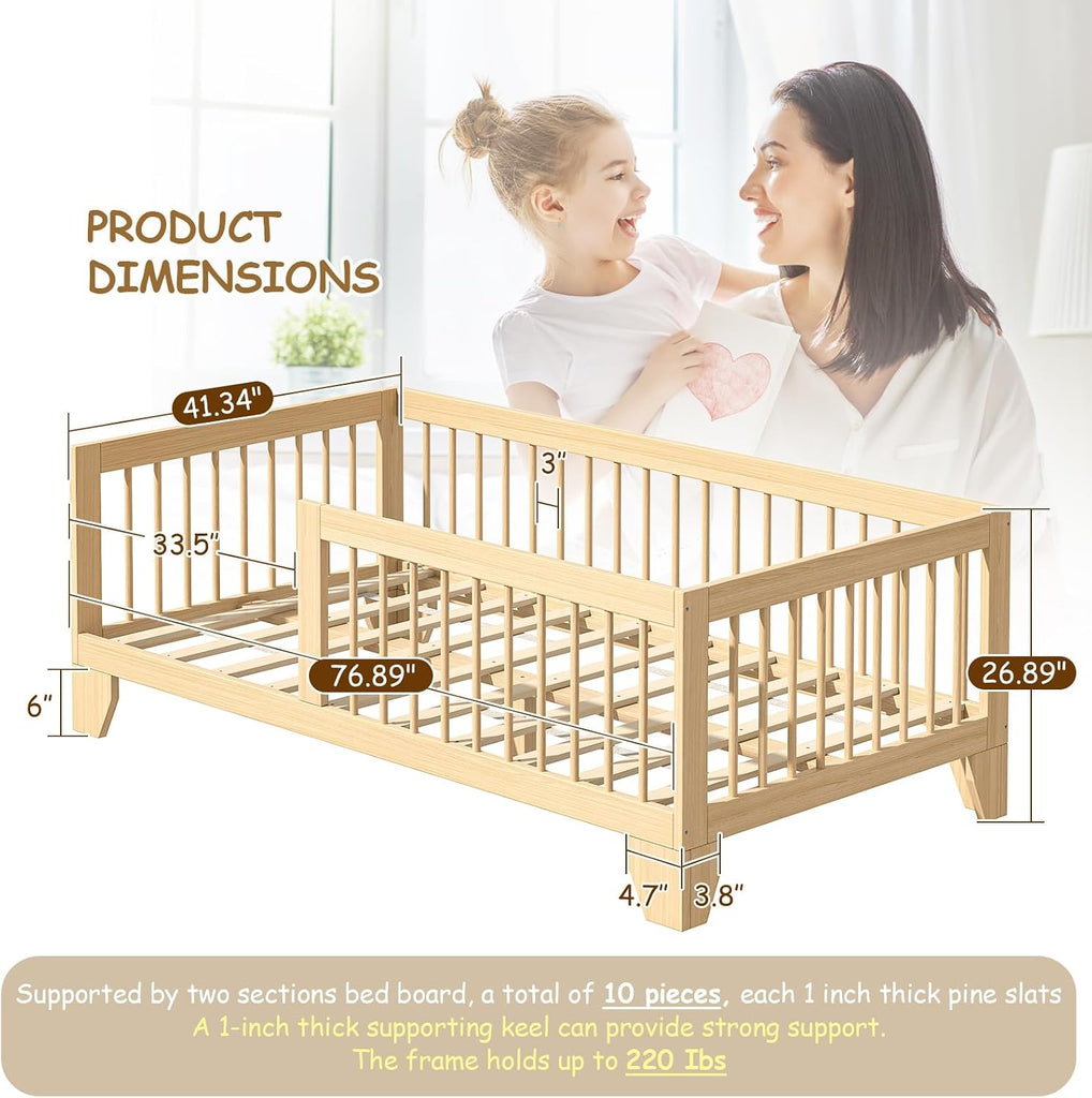 Montessori Toddler Bed, Variable Twin Floor Bed Frame with Removable Guardrails and Legs, Low Wooden Kids Bed with 10