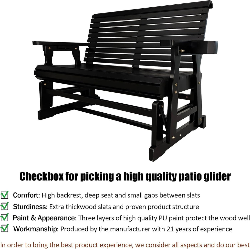 Patio Glider with Cup Holders, High Roll Back and Deep Contoured Seat, Heavy Duty 800 Lb (Matte Black, 2-Seater)