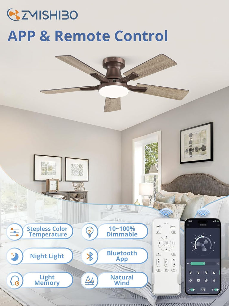 42 Inch Ceiling Fan with Light, App&Remote Control, Flush Mount Low Profile, Dimmable 20W LED Light, Quiet Reversible Motor for Bedroom, Living Room, Apartment, Brown