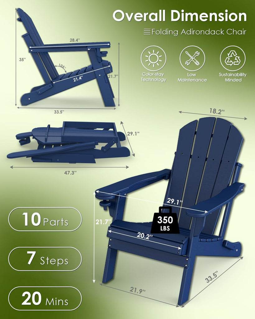 Folding-Adirondack-Chairs Set of 2, HDPE All Weather, Blue | Hidden Cup Holder | 5" Wide Armrests | Foldable Fire Pit