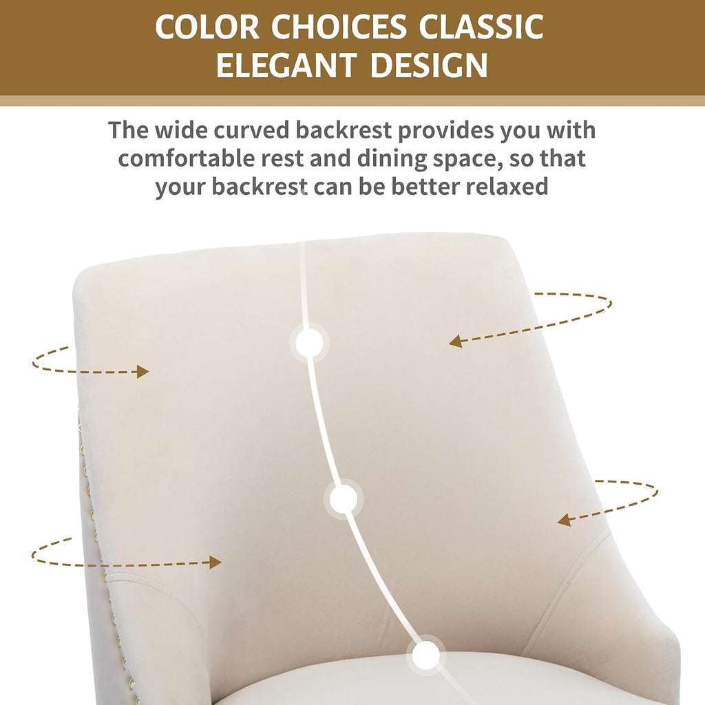 Velvet Dining Room Chairs Set of 4 Nailhead Back Ring Pull Trim with Gold Legs for Kitchen Living Room(Beige)