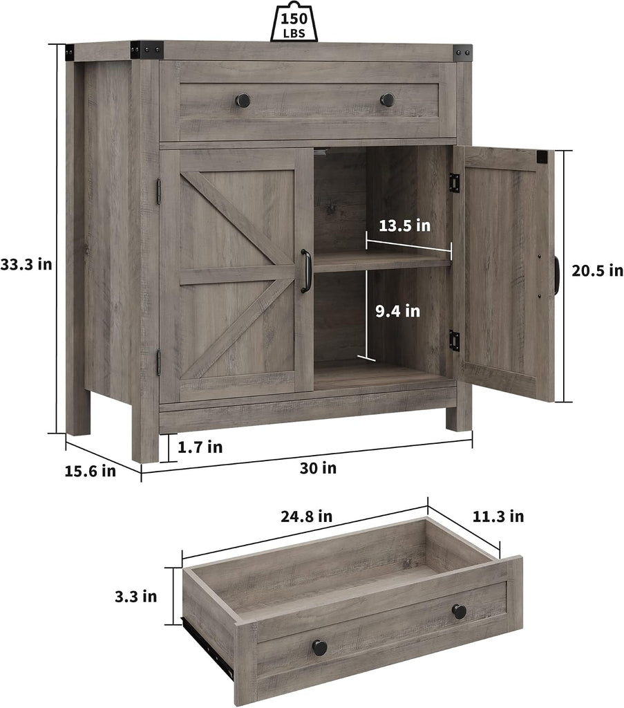 Kitchen Storage Cabinet, Farmhouse Coffee Bar Cabinet, Ash Gray | Small Buffet Cabinet with Doors & Wide Drawer, Wood