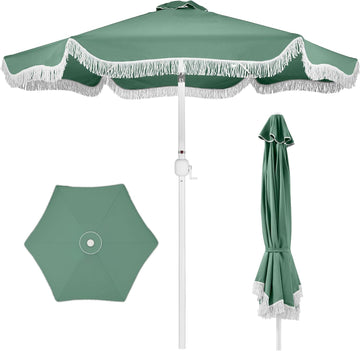 9ft Fringe Market Patio Umbrella - Outdoor Boho Tassel Sunshade for Table, Pool, Deck, Backyard - Seaglass