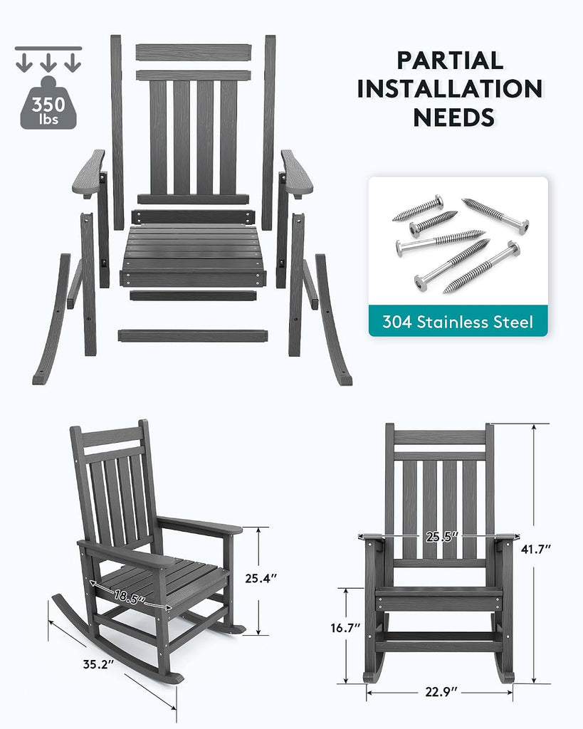 Outdoor Rocking Chair Set of 2, HDPE Rocking Chairs for Adult, Grey | 21.1" Widened Seat adds Extra Comfort