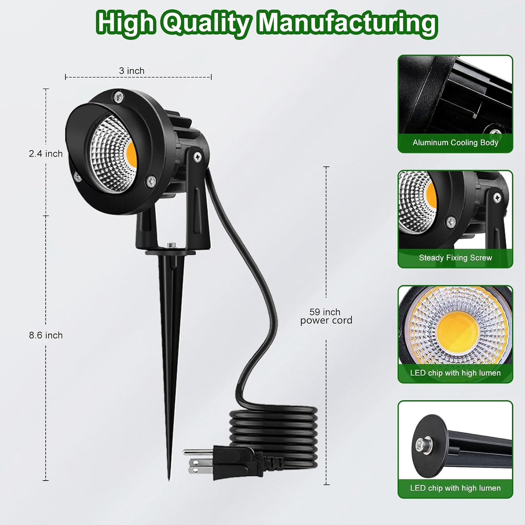 12W LED Landscape Spotlights, 120V Plug-in Outdoor Lighting, 4 Pack | 1200LM Brightness with 3000K Warm White, IP65