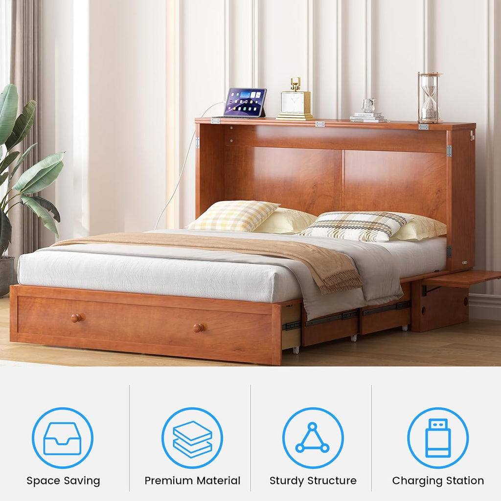 Murphy Bed with Mattress Included, Queen Murphy Bed Cabinet with Storage Drawer and Bedside Panel, Built-in Charging