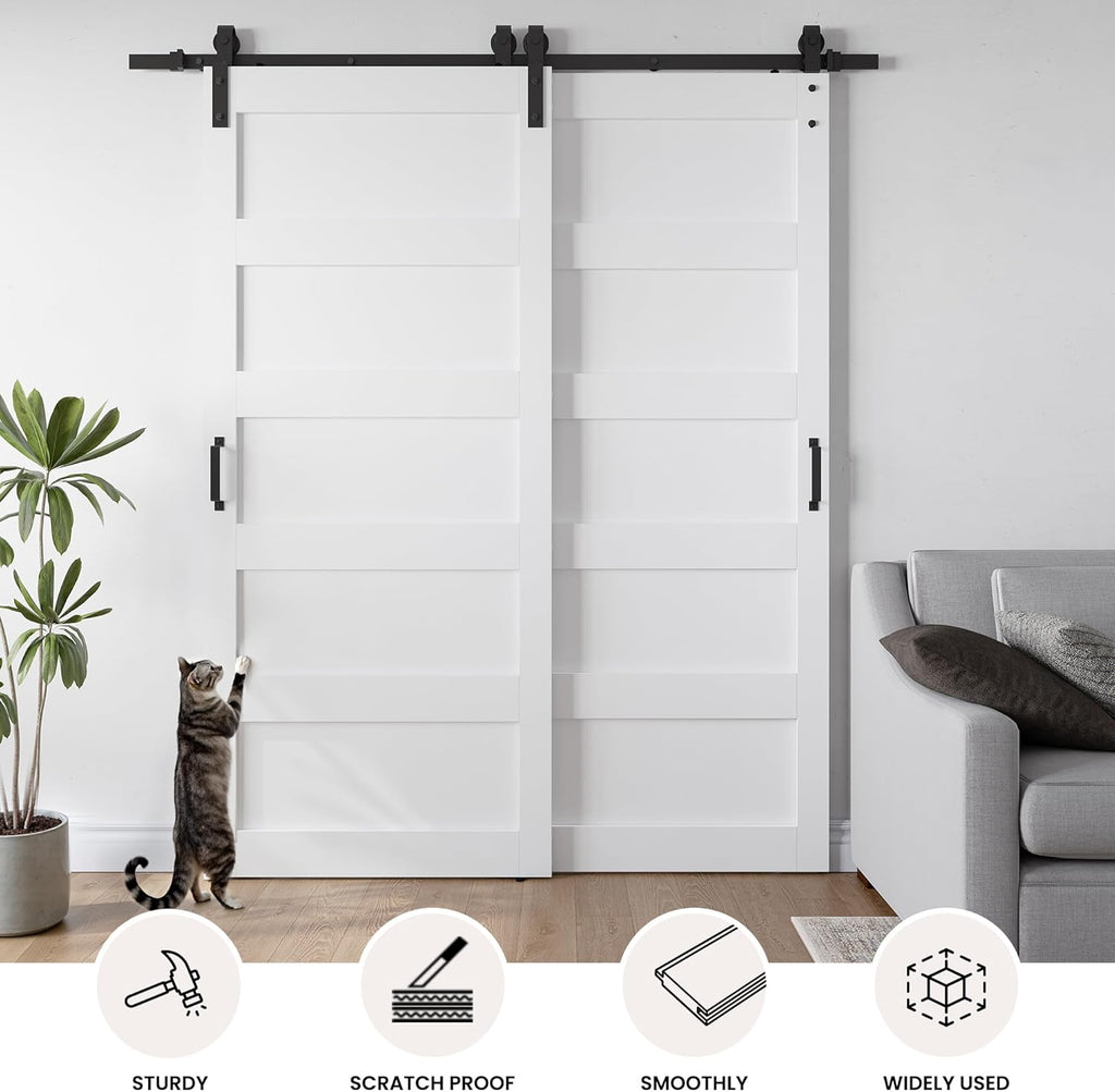 36x84 Inch White Double Barn Door Set - 5-Panel MDF Sliding Doors with 6FT Bypass Barn Door Hardware