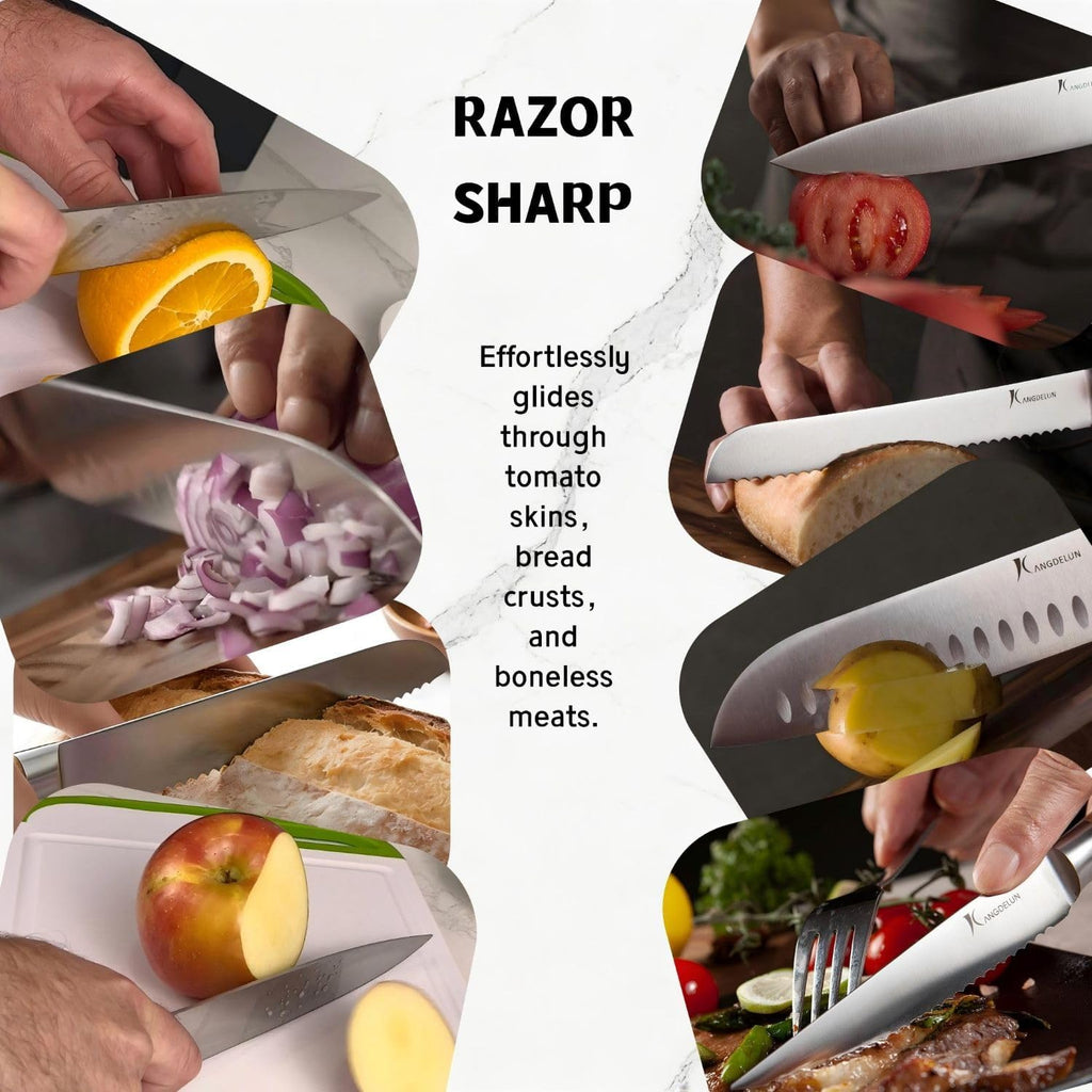 Ultra Sharp 15-Piece Kitchen Knife Set, High Carbon Stainless Steel Blades, Torrefied Brown Wood Handles, Ergonomic