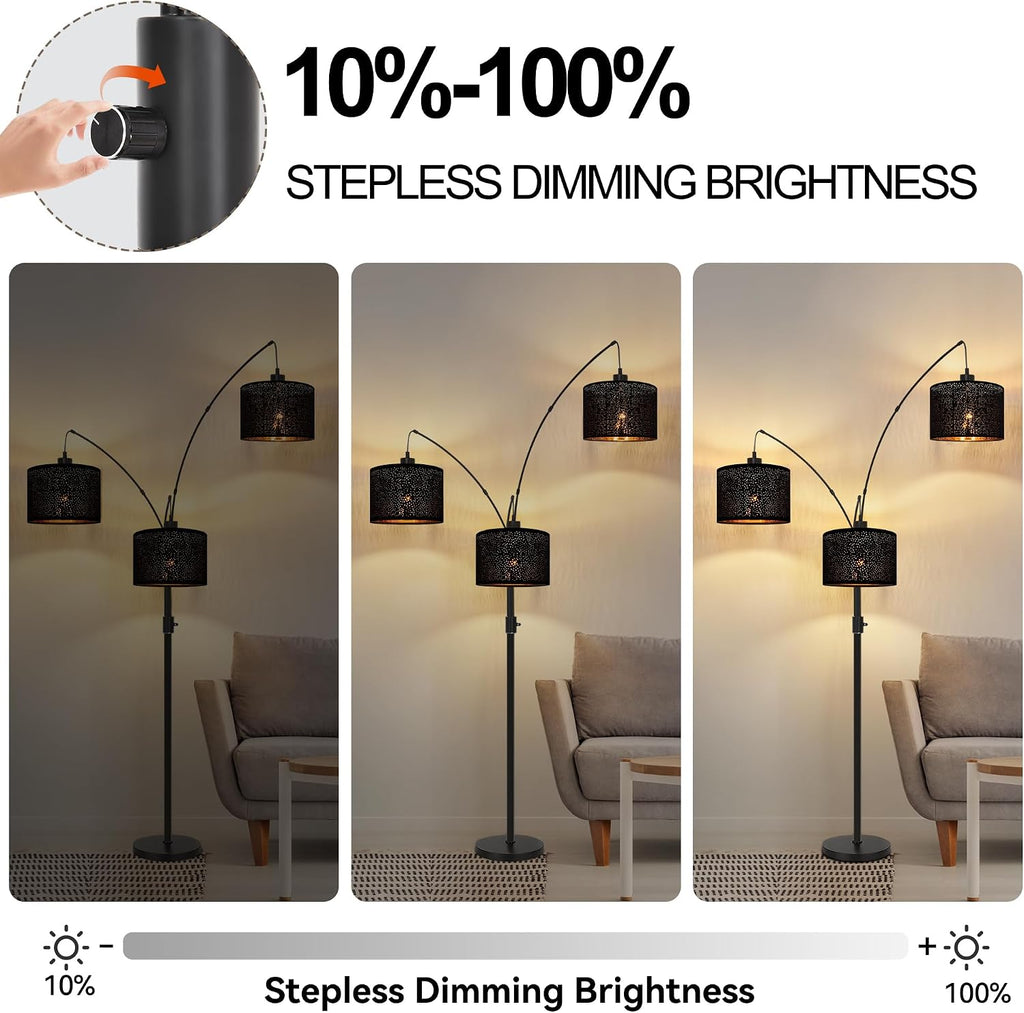 Dimmable Floor Lamp-3 Lights Arc Floor Lamps,Modern Tall Standing Lamp With Black Drum Hollow-carved Linen Shades
