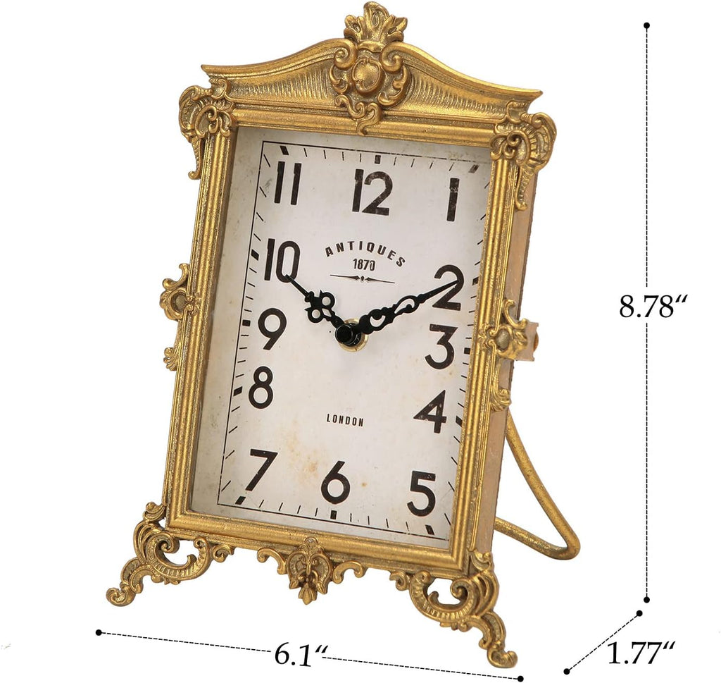 HOME Vintage Gold Table Clock, Silent Non-Ticking Battery Operated Retro Desk Shelf Mantel Small Metal Clock for