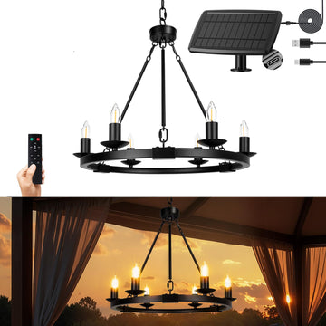 Solar Outdoor Chandelier, 6-Light 19" Chandelier Outdoor Waterproof Dimmable Hanging Pendant Lights, Farmhouse Style
