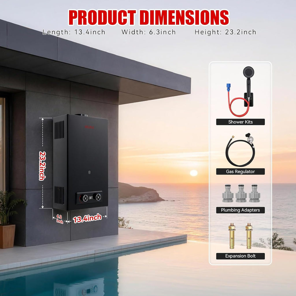 Propane Water Heater 4.76 GPM 18L Outdoor Portable Tankless Water Heater 82000 BTU/Hour with Digital Display Battery