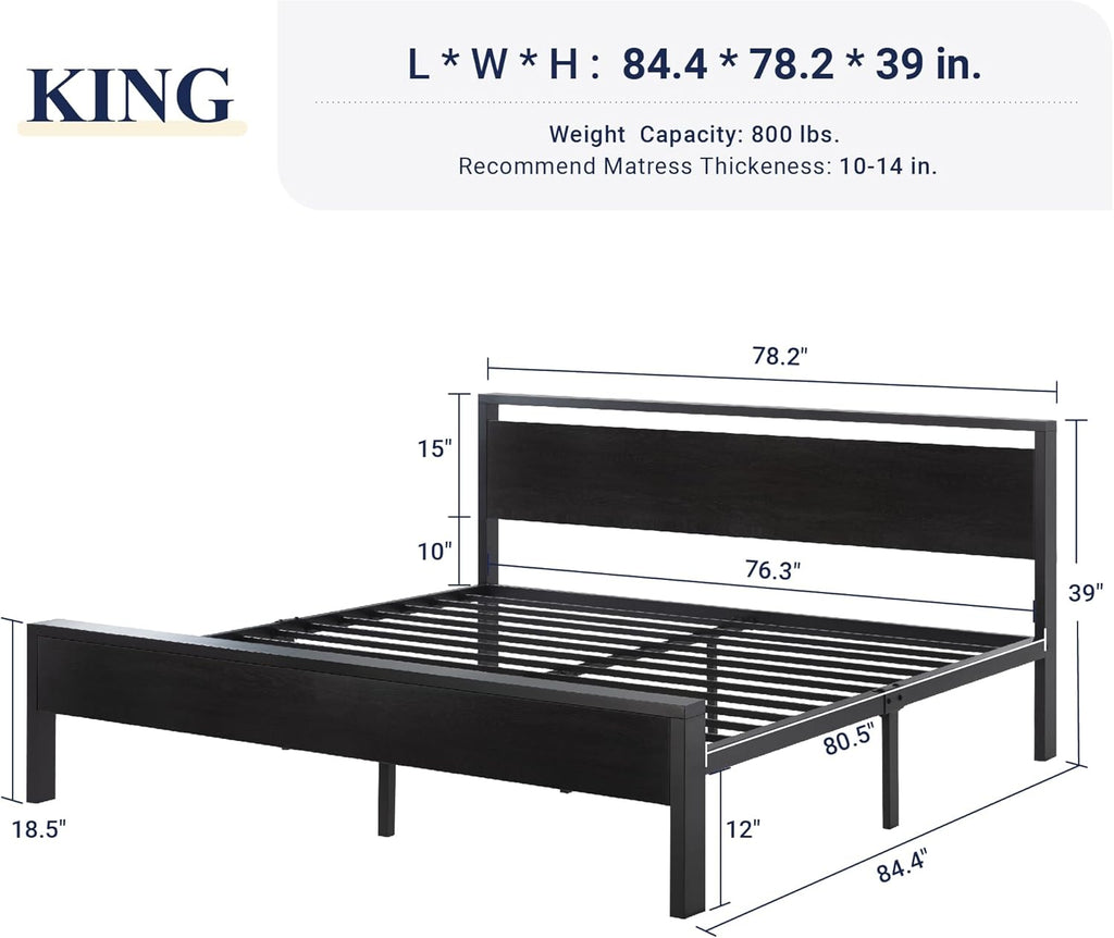 King Platform Bed Frame with Wooden Headboard and Footboard, Heavy Duty 12 Metal Slats Support, No Box Spring Needed