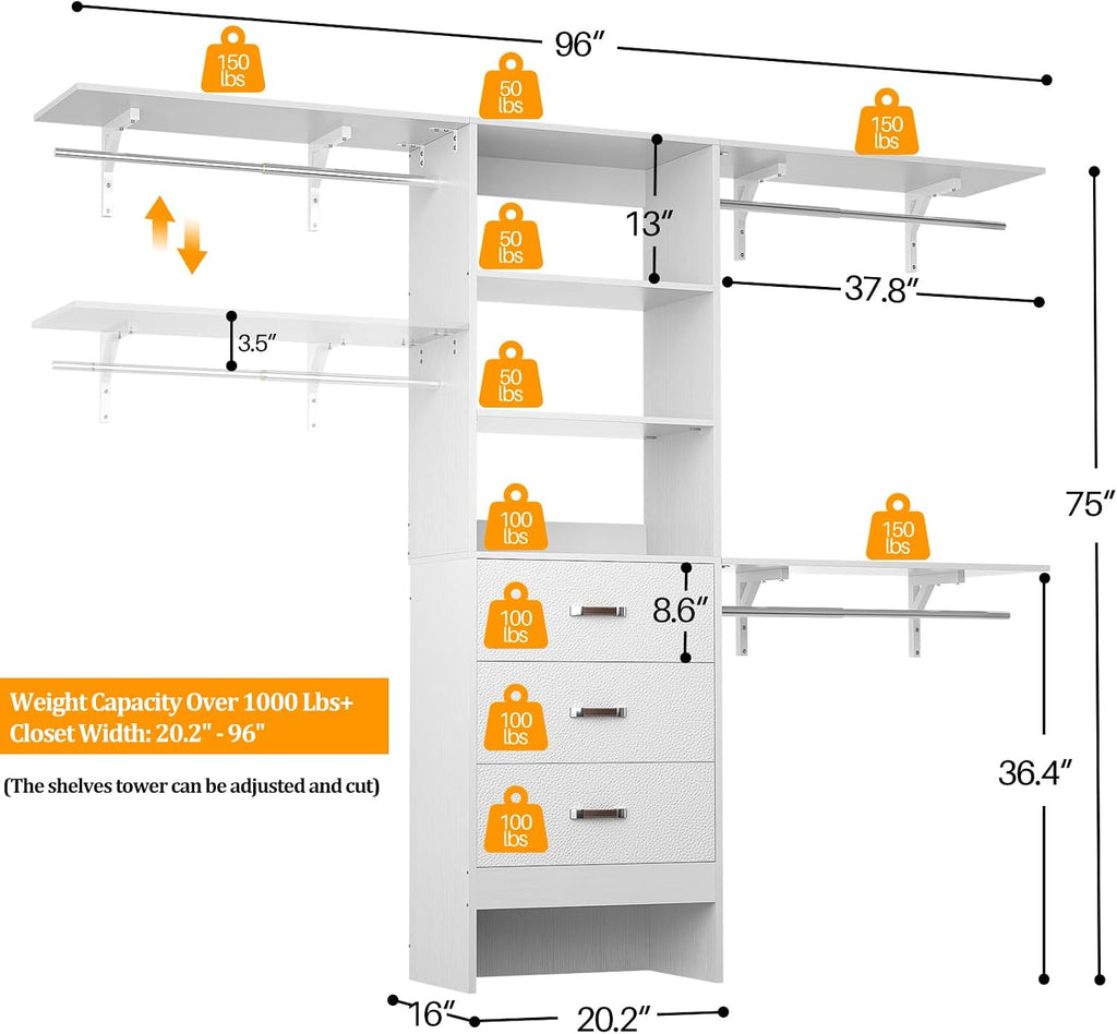 Closet System with Drawer - 8FT Wood Closet Organizer System with 3 Hanging Rods and Shelving Tower, 96" Walk In