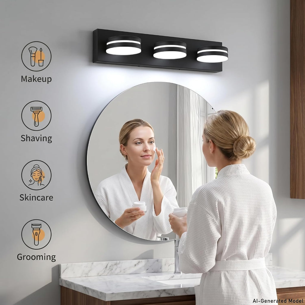 3-Light Bathroom Vanity Light Over Mirror, (24inch Dimmable) Matte Black LED Vanity Lighting Fixtures, Modern