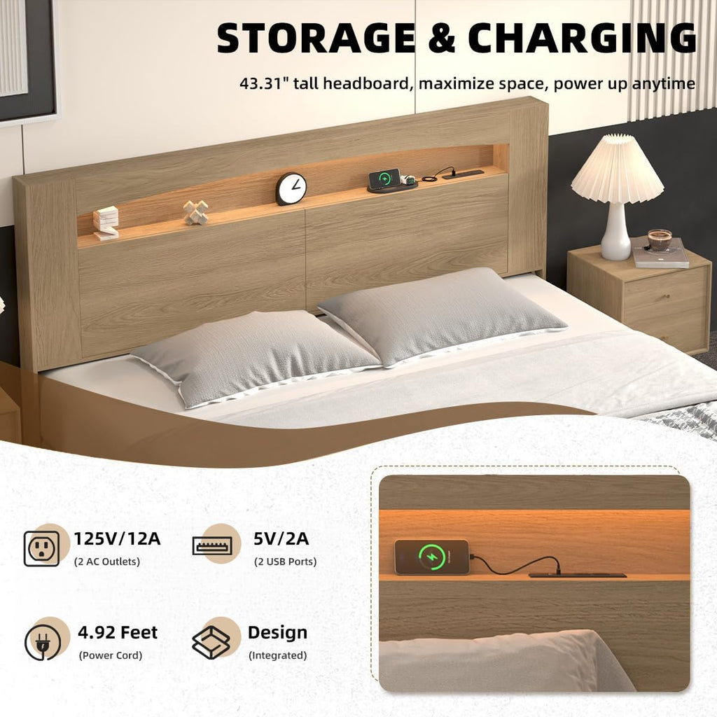 King Headboard Only Modern Sturdy Wooden Bed Backboard Wall Mounted Head Board, 3 Storage Zones, Unique Skirting