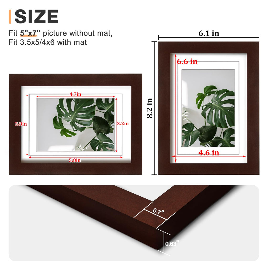 5x7 Picture Frames Made of Solid Wood with Plexiglass, Display Pictures 3.5x5/4x6 with Mat or 5x7 Without Mat Set of