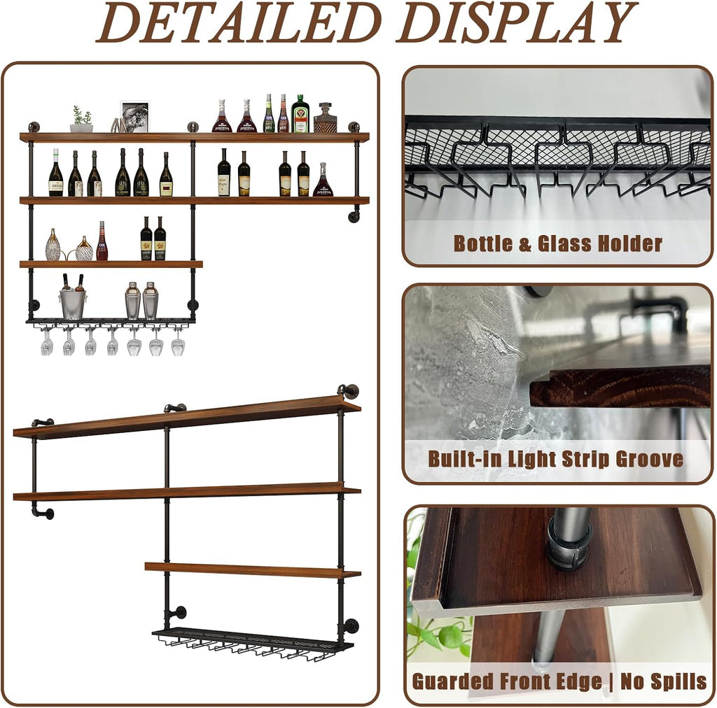 Solid Wood LED Wall Mounted Wine Rack (39.4 in/ 100CM) | 4 Tiers Liquor Bottles Floating Shelves with Glass Holder