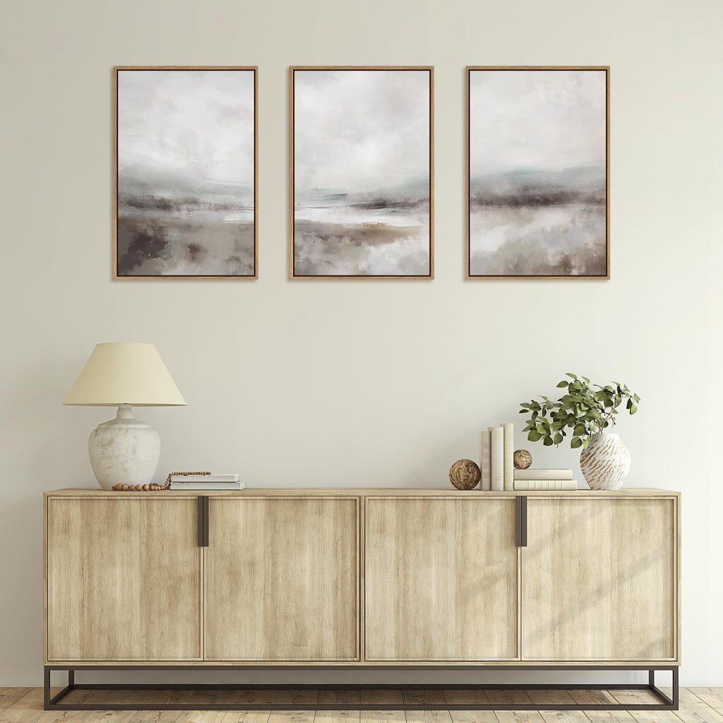 Large Abstract Neutral 3 Piece Wall Art Framed, Gray Lake Landscape Canvas Decor(16x24), Watercolor Smoky Mountain - Set of 16